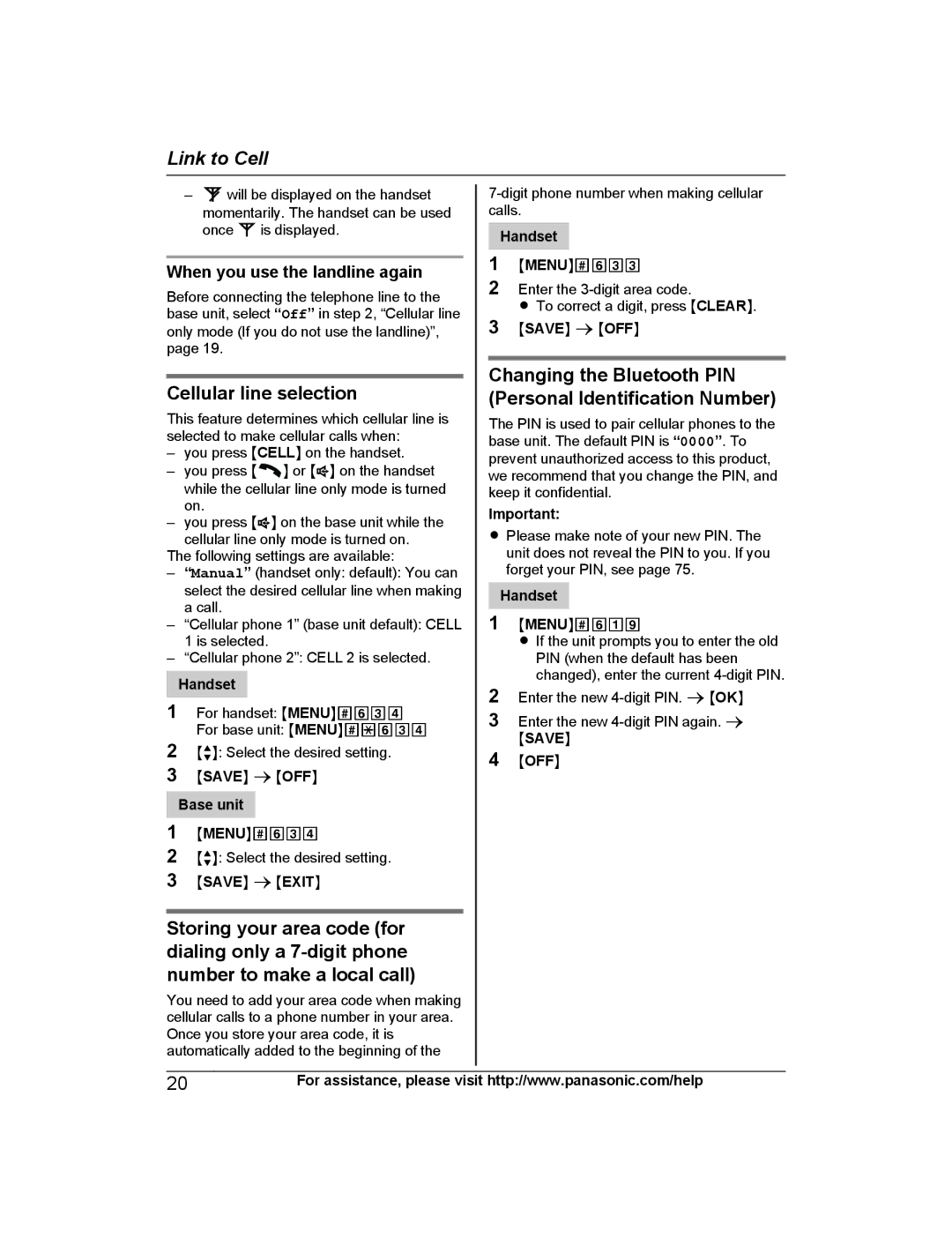 Panasonic KX-TG7843 Cellular line selection, Changing the Bluetooth PIN Personal Identification Number, Msaven a Mexitn 