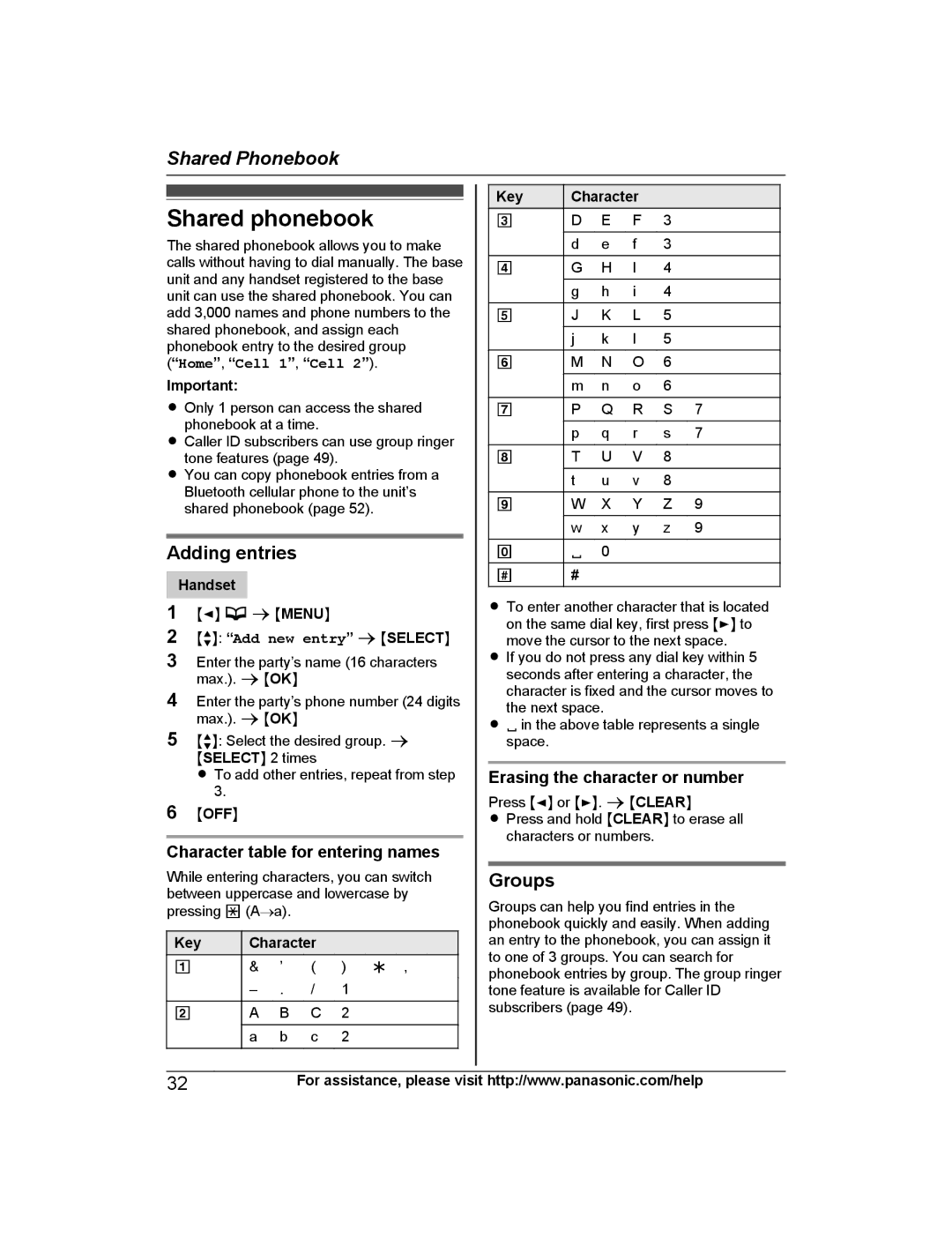 Panasonic KX-TG7875, KX-TG7845 Groups, Character table for entering names, Erasing the character or number, Key Character 