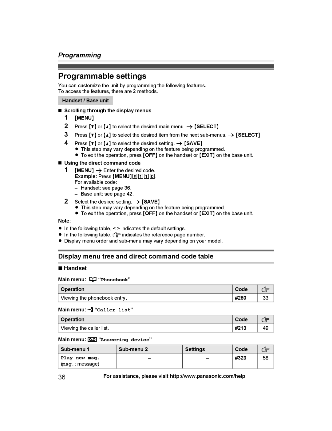 Panasonic KX-TG7872 Programmable settings, Display menu tree and direct command code table, Handset, Play new msg 