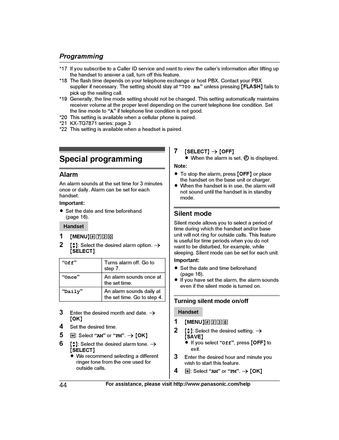 Panasonic KXTG7873S, KX-TG7845, KX-TG7873 Special programming, Alarm, Silent mode, Turning silent mode on/off, Off 