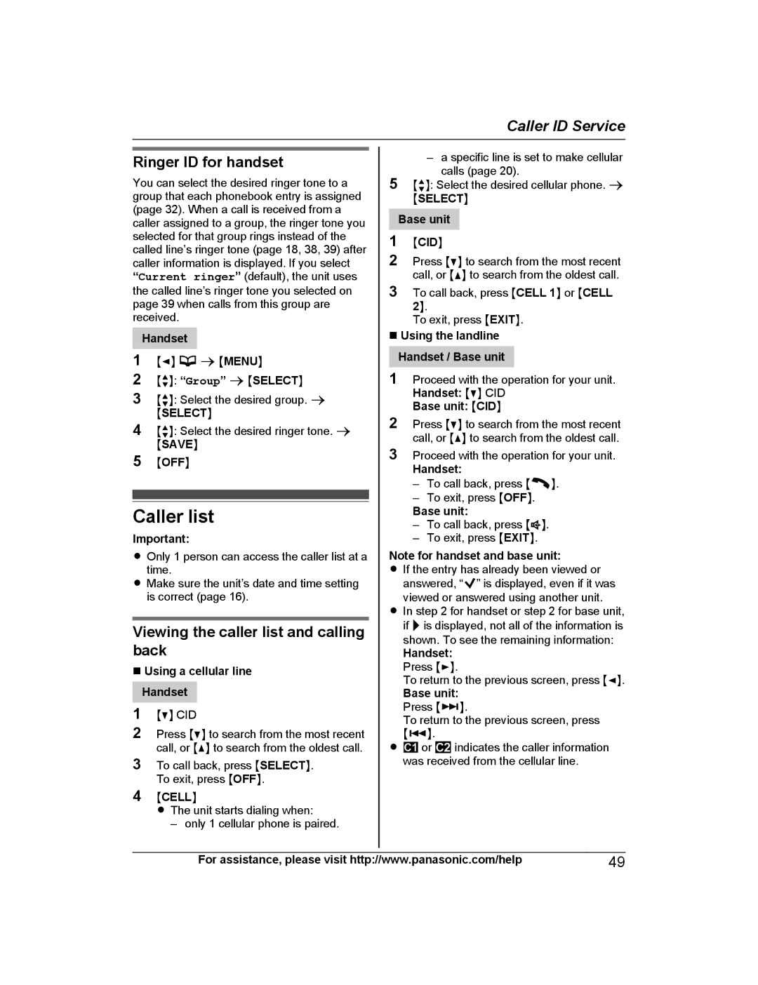 Panasonic KX-TG7871, KX-TG7845, KX-TG7873 Caller list, Ringer ID for handset, Viewing the caller list and calling back 