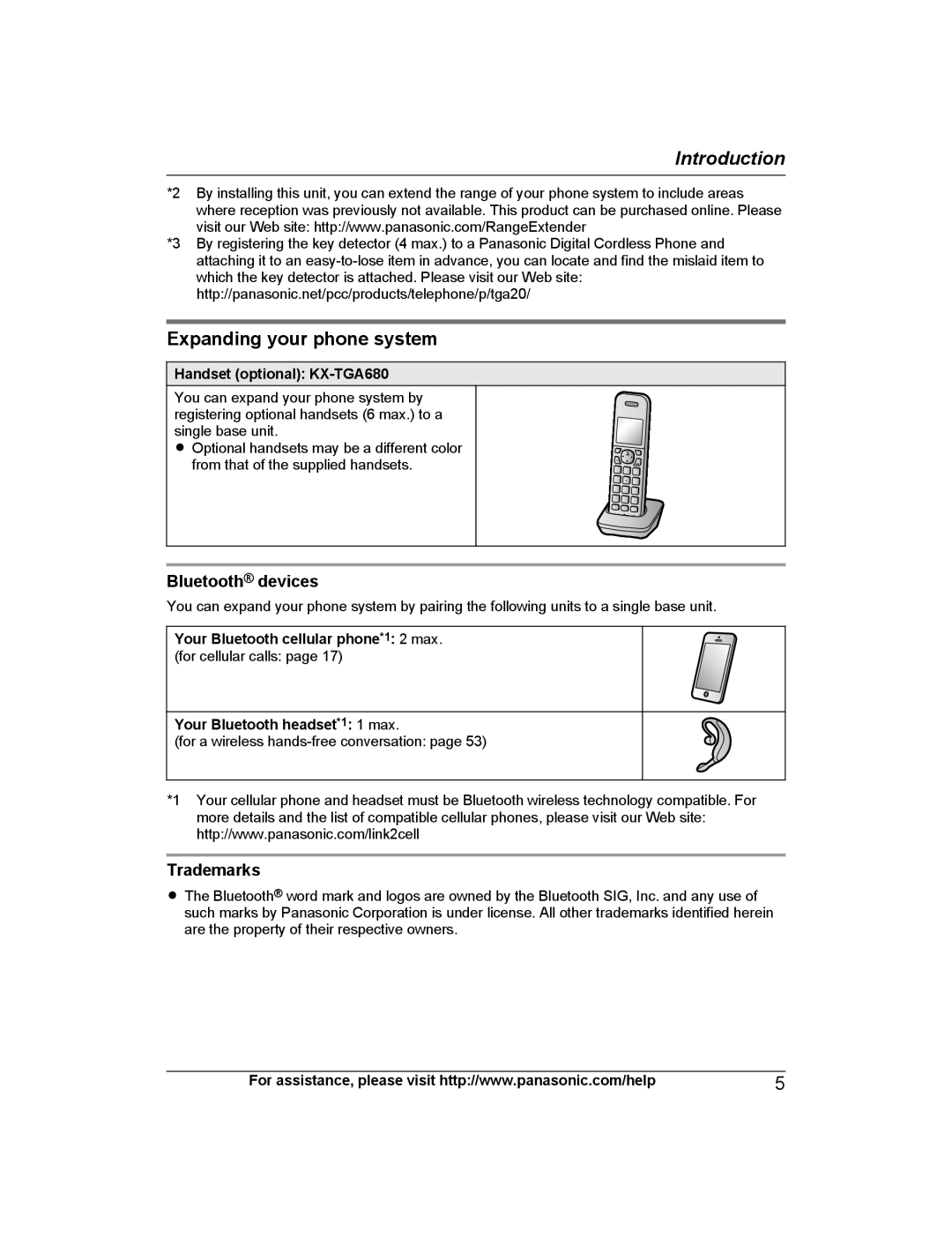 Panasonic KX-TG7843, KX-TG7845, KX-TG7873, KX-TG7875, KX-TG7841 Expanding your phone system, Bluetooth devices, Trademarks 