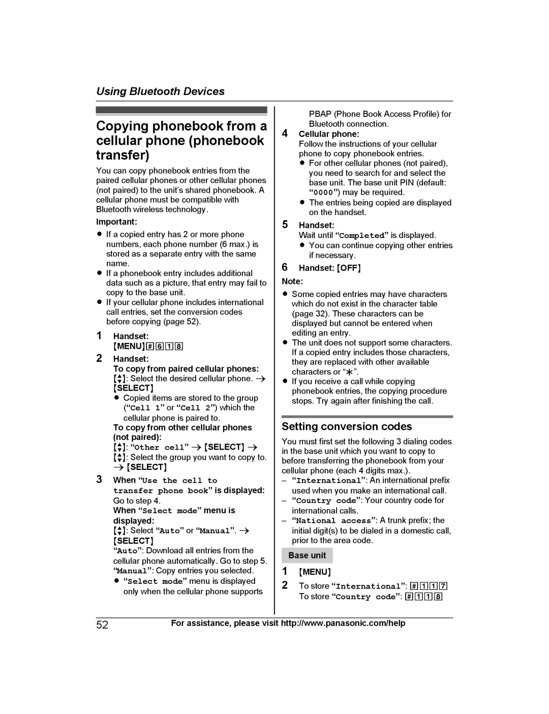 Panasonic KX-TG7842 Copying phonebook from a cellular phone phonebook transfer, Setting conversion codes, Cellular phone 