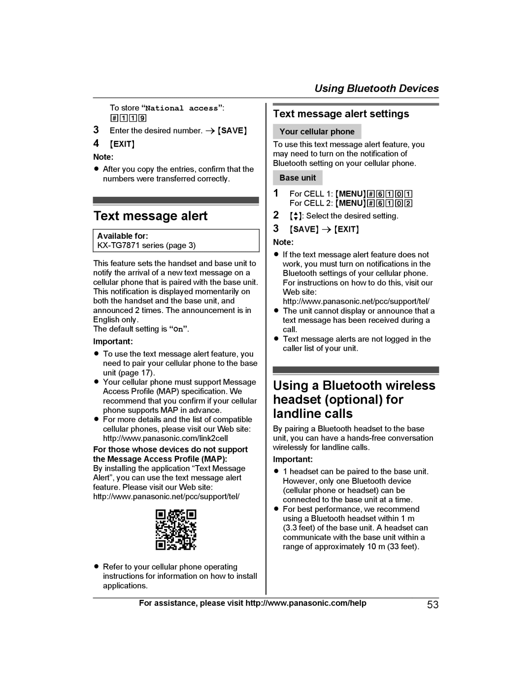 Panasonic KX-TG7844, KX-TG7845, KX-TG7873, KX-TG7875, KX-TG7841 Text message alert settings, To store National access 