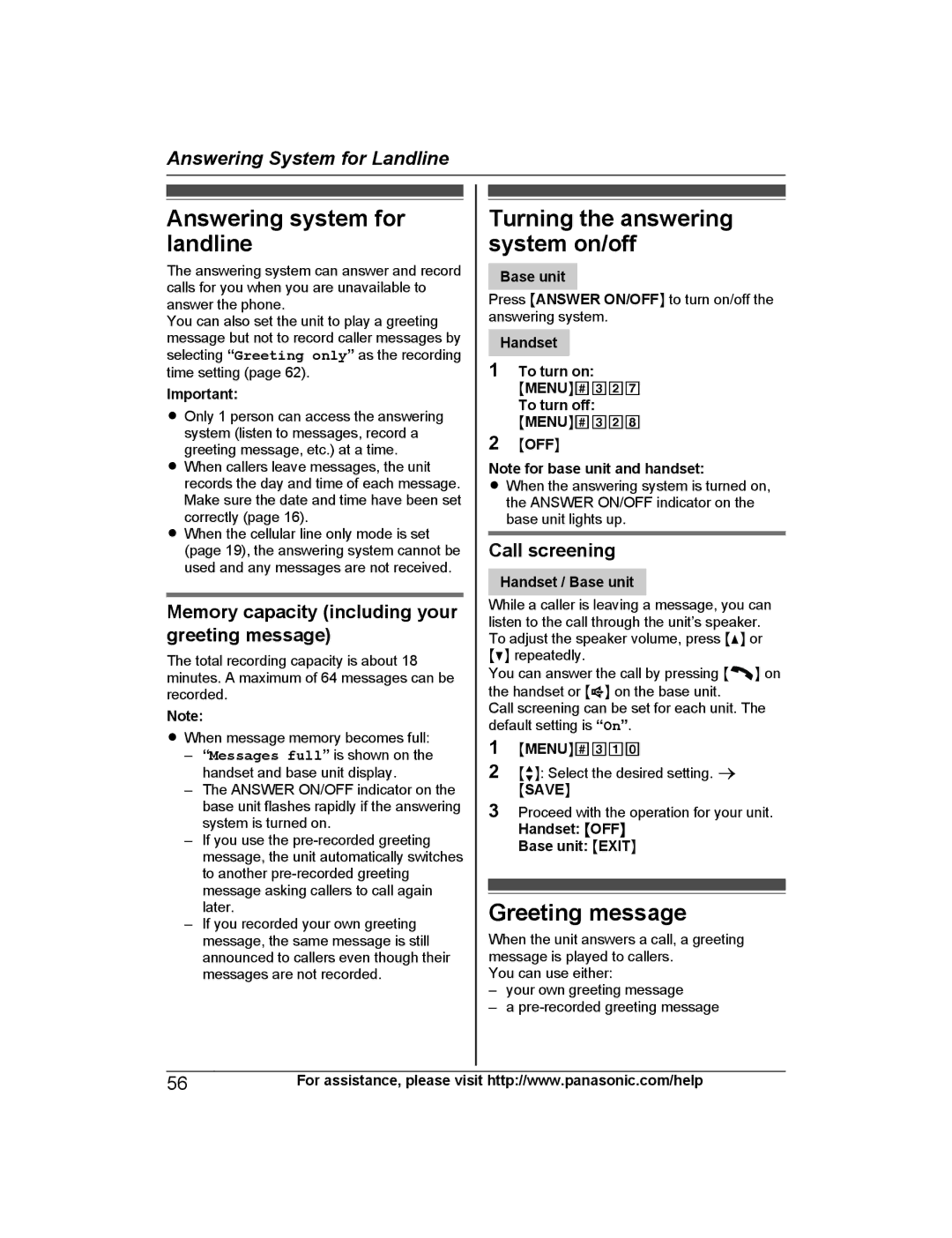 Panasonic KXTG7875S Answering system for landline, Turning the answering system on/off, Greeting message, Call screening 