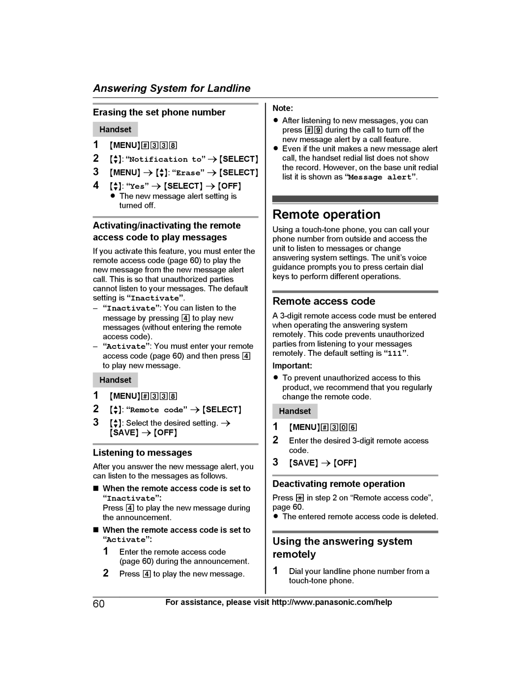 Panasonic KX-TG7845, KX-TG7873, KX-TG7875 Remote operation, Remote access code, Using the answering system remotely 