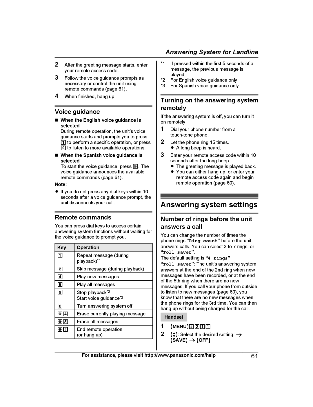 Panasonic KX-TG7873 Answering system settings, Voice guidance, Remote commands, Turning on the answering system remotely 