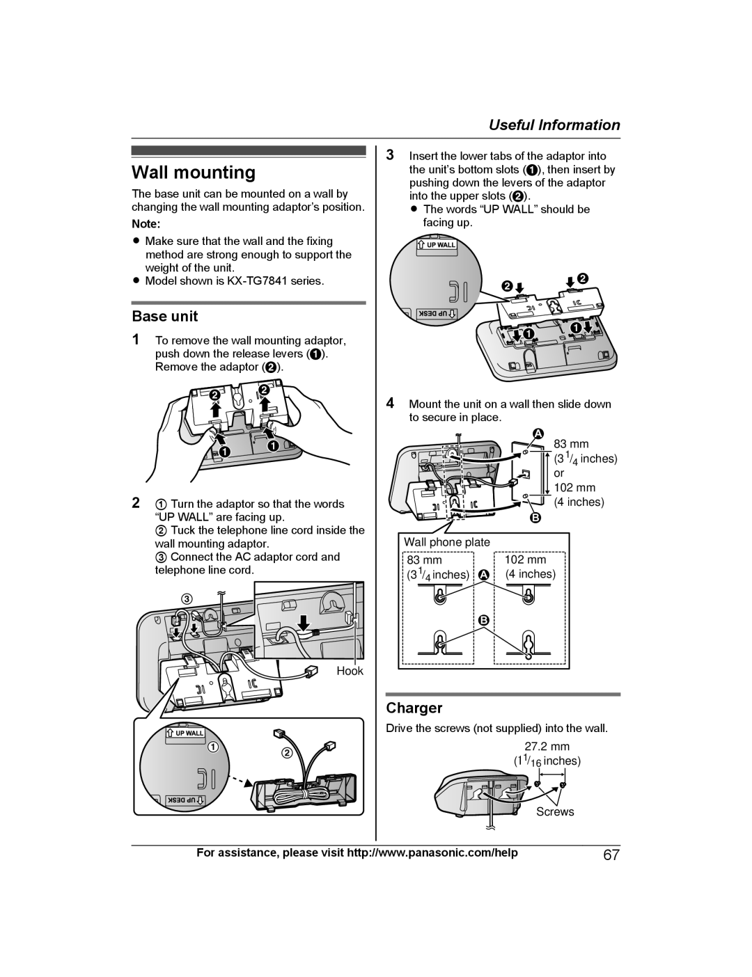 Panasonic KX-TG7842, KX-TG7845, KX-TG7873, KX-TG7875, KX-TG7841, KX-TG7871, KX-TG7843, KX-TG7872 Wall mounting, Charger 