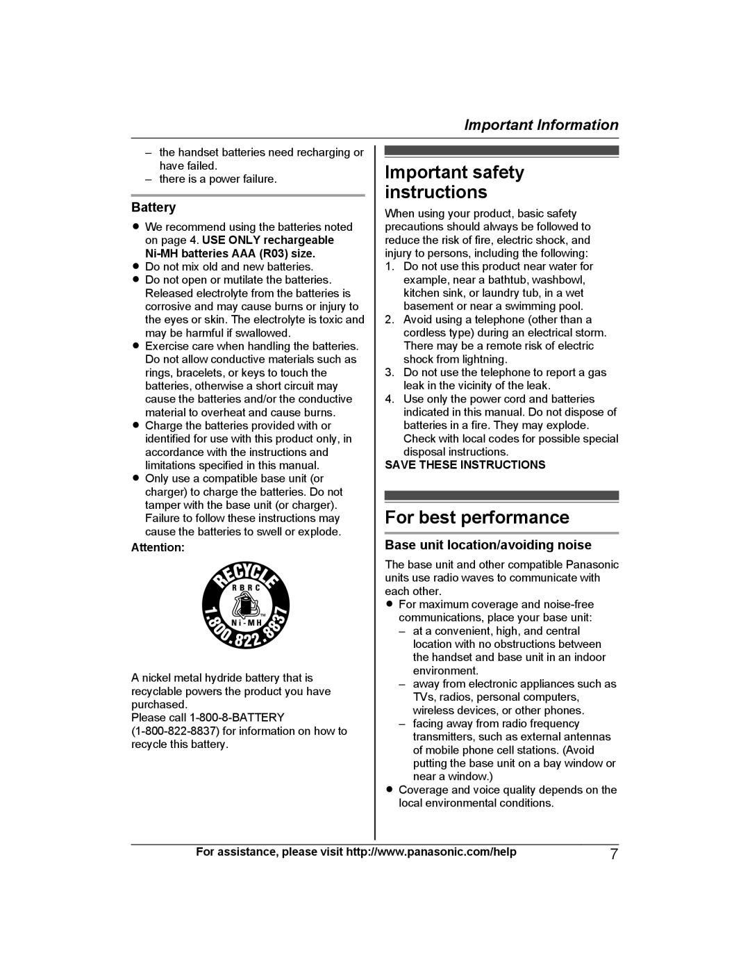 Panasonic KX-TG7842 Important safety instructions, For best performance, Battery, Base unit location/avoiding noise 