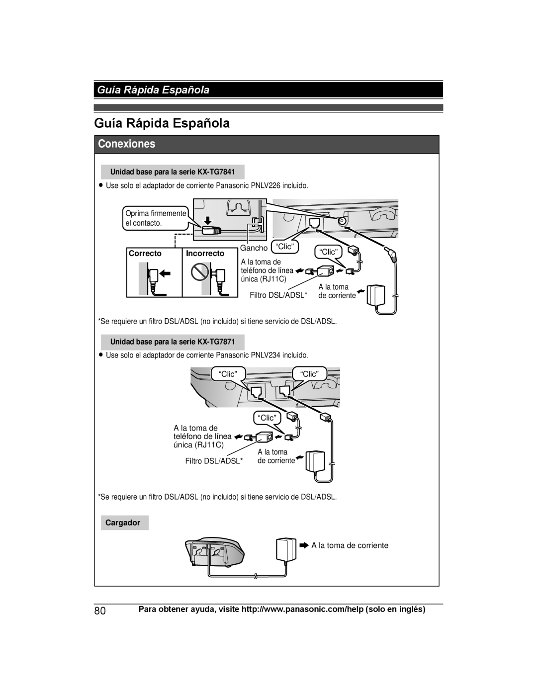 Panasonic KX-TG7843, KX-TG7845 Guía Rápida Española, Unidad base para la serie KX-TG7841, Correcto Incorrecto, Cargador 