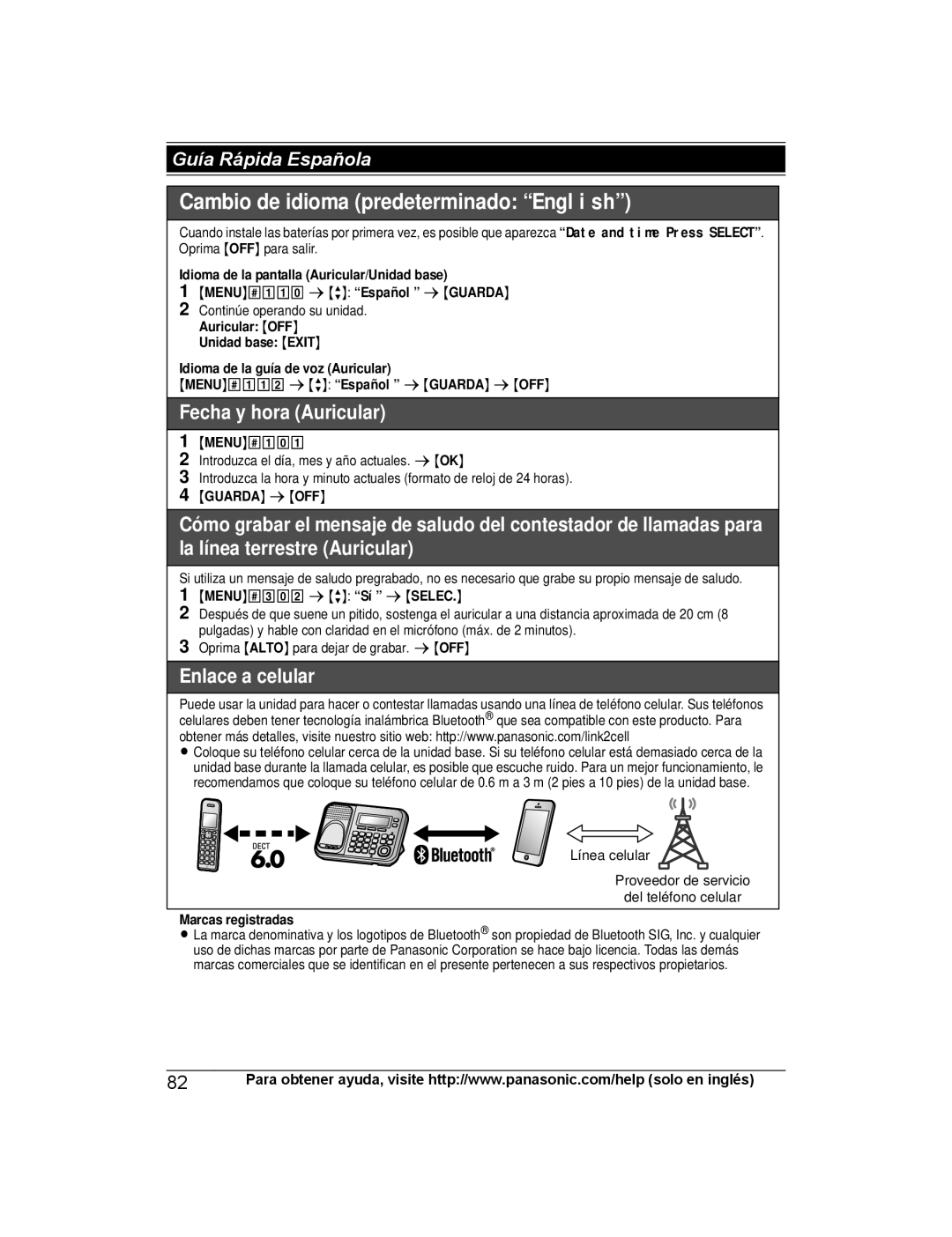 Panasonic KX-TG7842 Idioma de la pantalla Auricular/Unidad base, Unidad base Exit Idioma de la guía de voz Auricular 