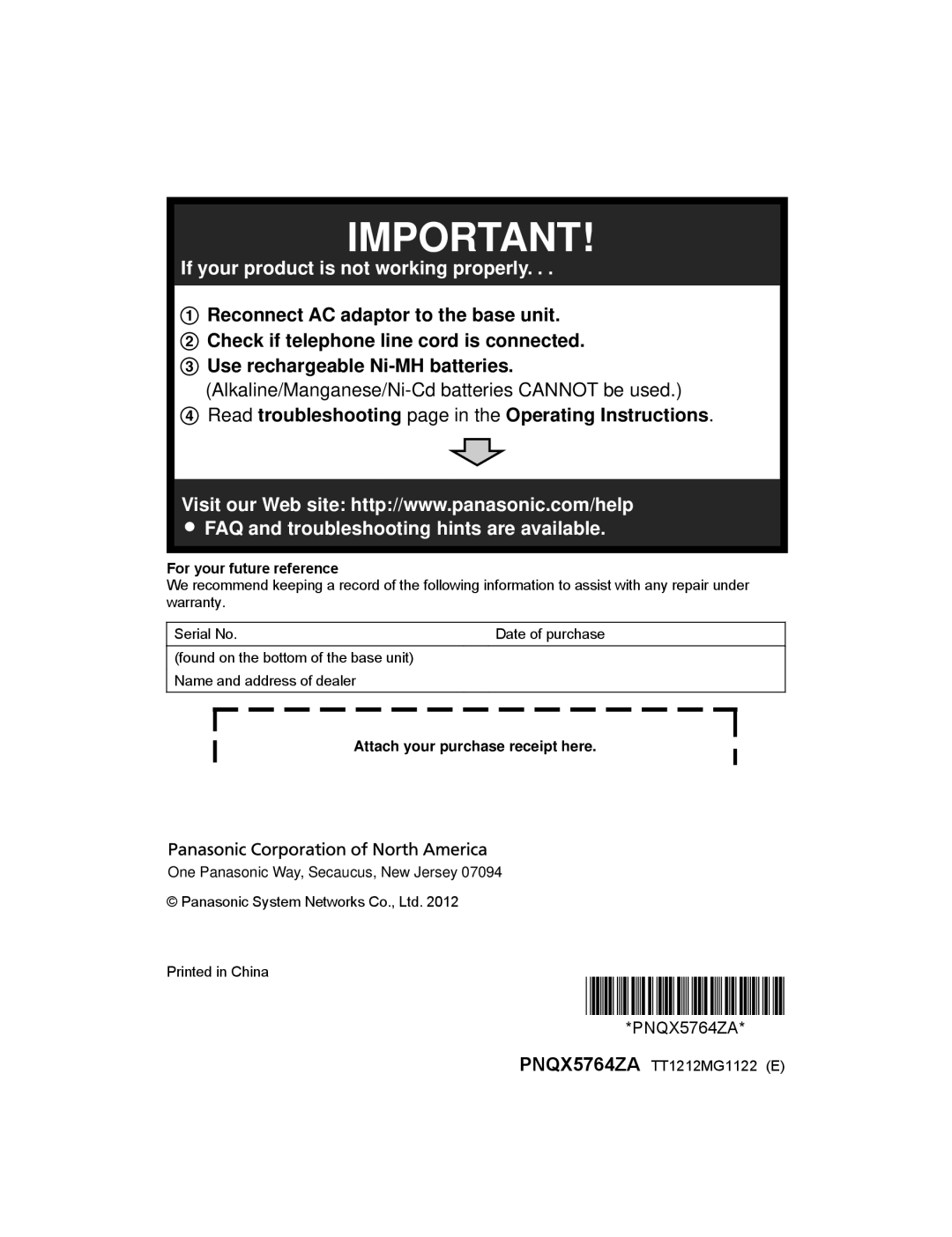 Panasonic KX-TG7872, KX-TG7845 Read troubleshooting page in the Operating Instructions, For your future reference 