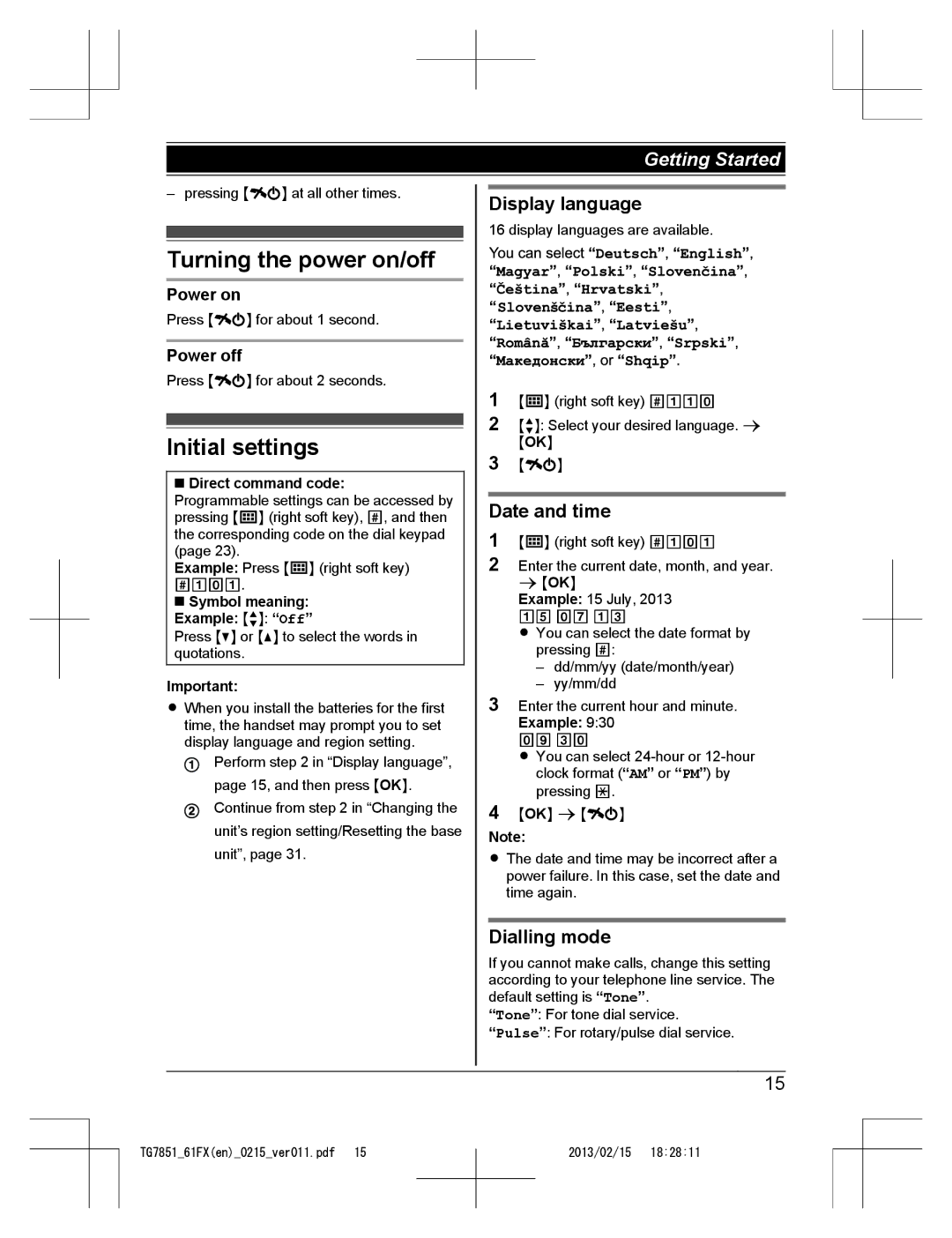 Panasonic KX-TG7852FX and KX-TG7861FX Turning the power on/off, Initial settings, Display language, Date and time 