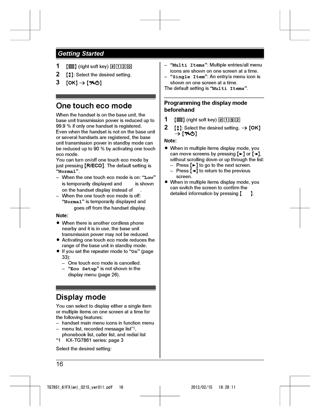 Panasonic KX-TG7851FX operating instructions One touch eco mode, Display mode, Programming the display mode beforehand 