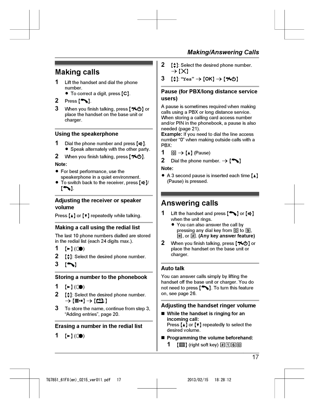 Panasonic KX-TG7852FX and KX-TG7861FX, KX-TG7851FX operating instructions Making calls, Answering calls 