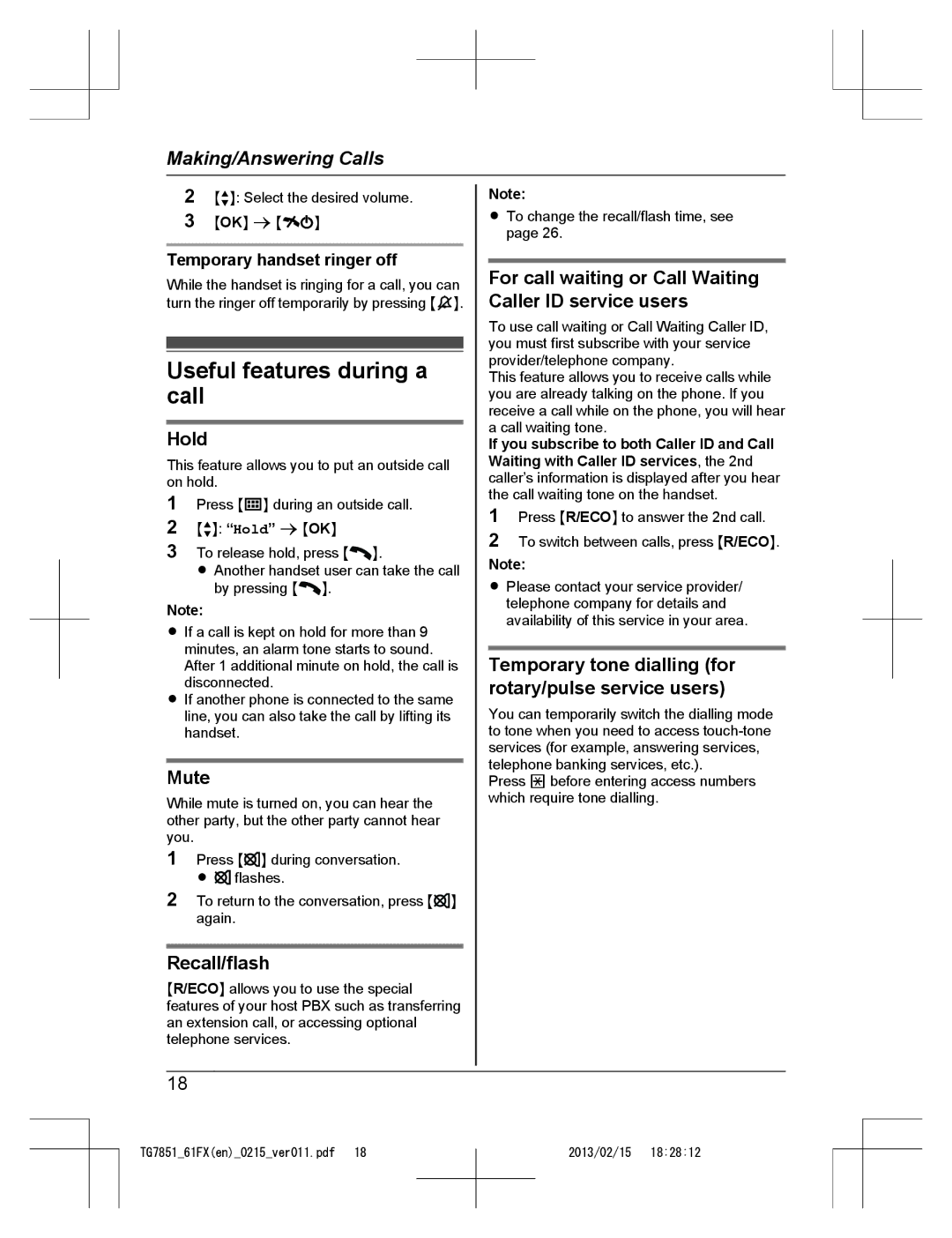 Panasonic KX-TG7851FX, KX-TG7852FX and KX-TG7861FX operating instructions Useful features during a call 