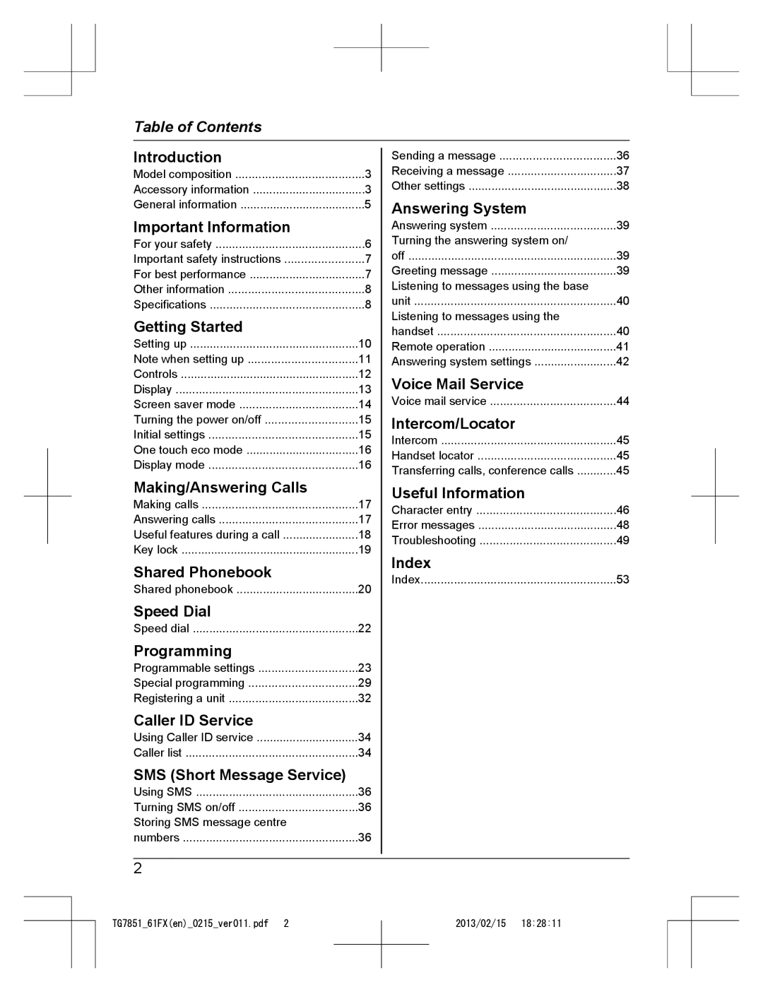 Panasonic KX-TG7851FX, KX-TG7852FX and KX-TG7861FX operating instructions Table of Contents 