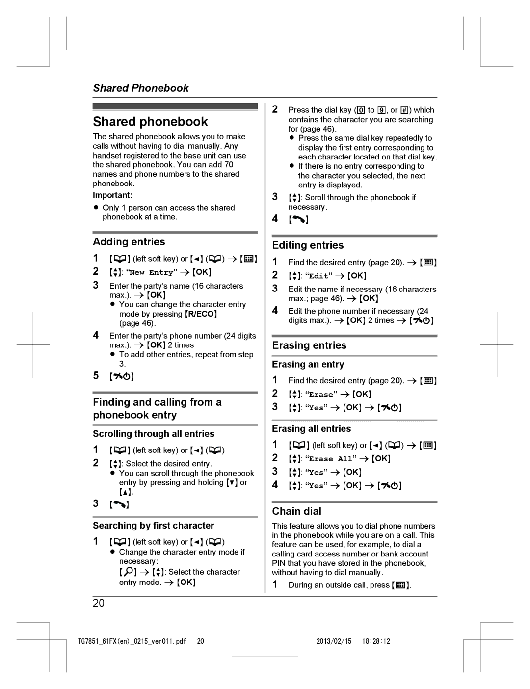 Panasonic KX-TG7851FX, KX-TG7852FX and KX-TG7861FX operating instructions Shared phonebook 