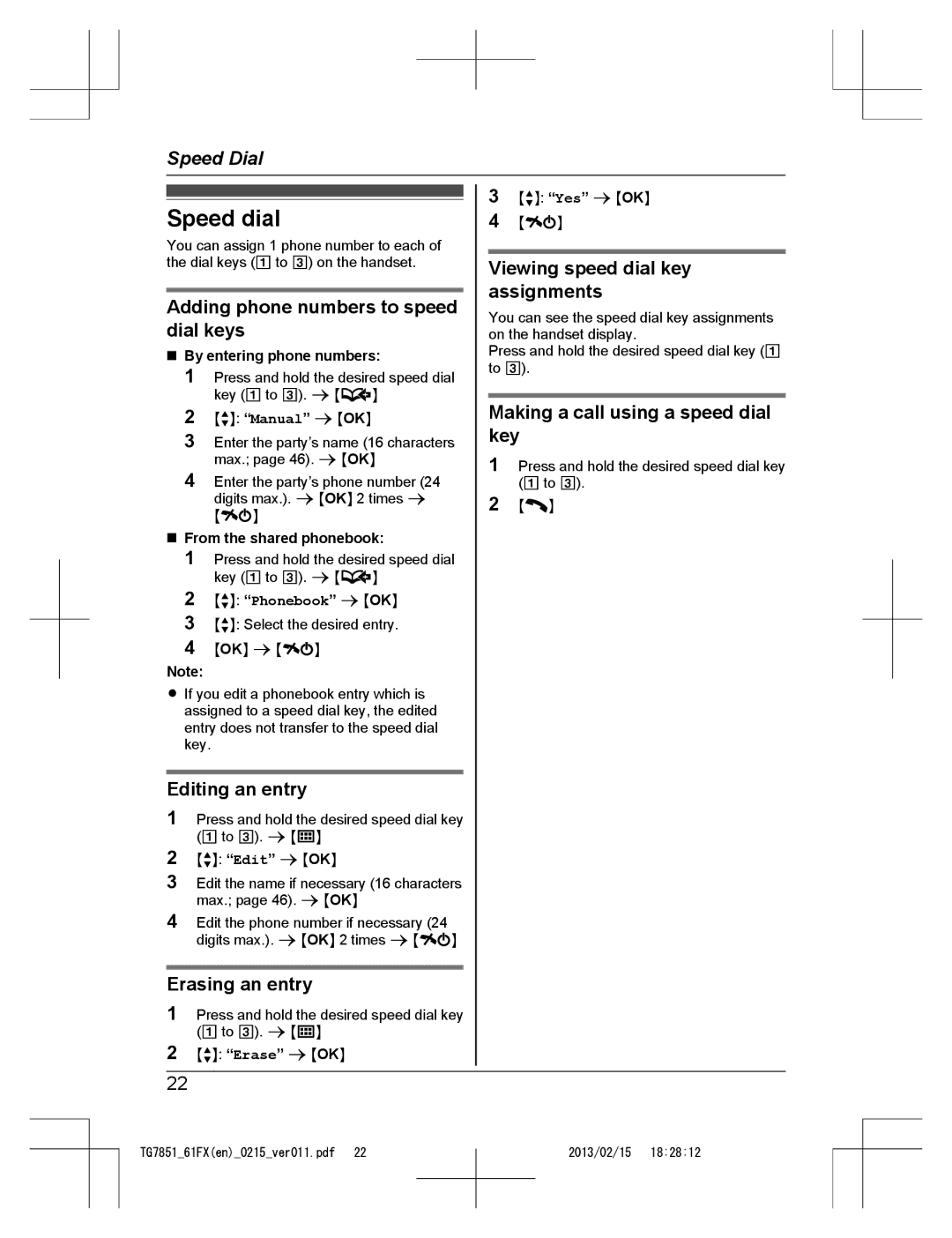 Panasonic KX-TG7851FX, KX-TG7852FX and KX-TG7861FX operating instructions Speed dial 