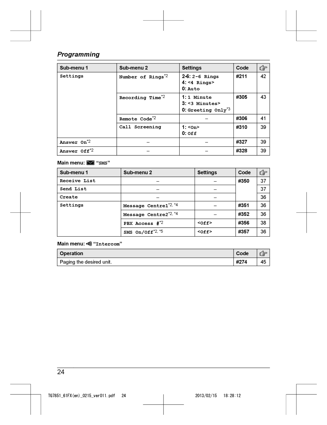 Panasonic KX-TG7851FX Settings Number of Rings*2, Rings Auto Recording Time*2 Minute, Call Screening, Answer On*2, Off 