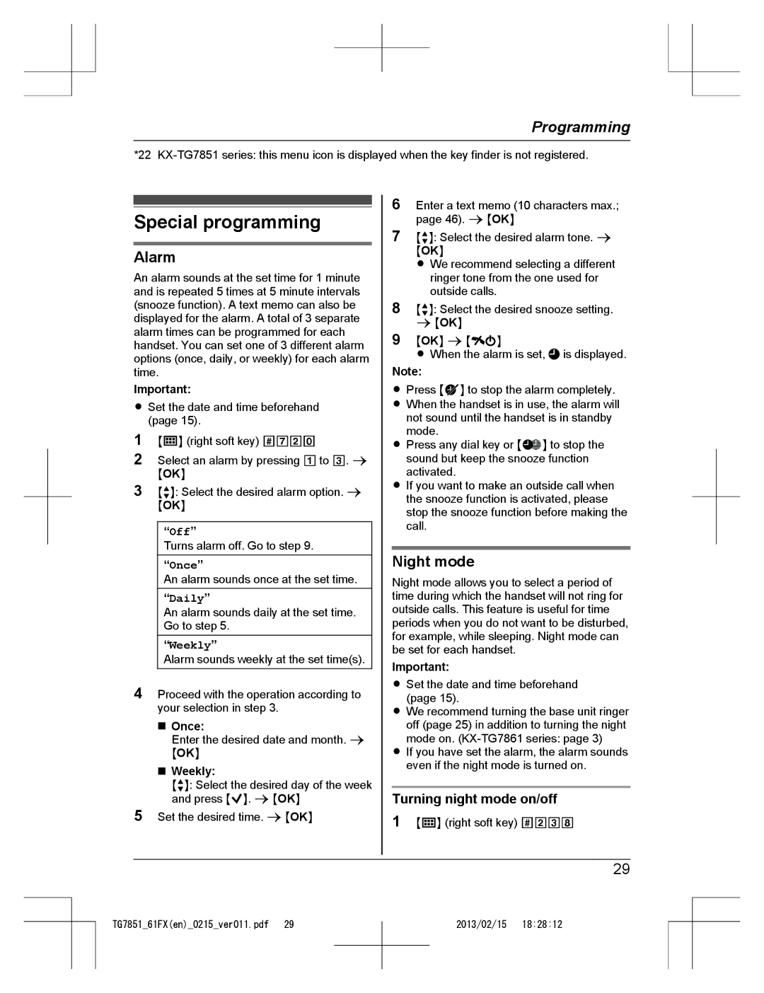 Panasonic KX-TG7852FX and KX-TG7861FX, KX-TG7851FX Special programming, Alarm, Night mode, Turning night mode on/off 