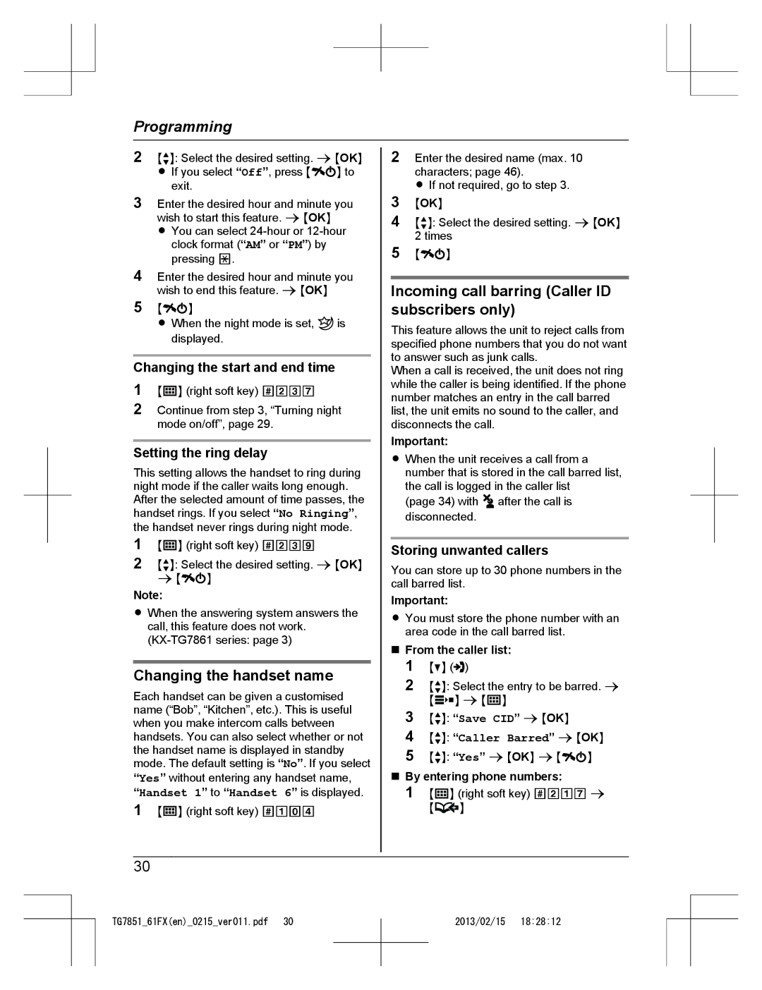 Panasonic KX-TG7851FX Incoming call barring Caller ID, Subscribers only, Changing the handset name, Setting the ring delay 