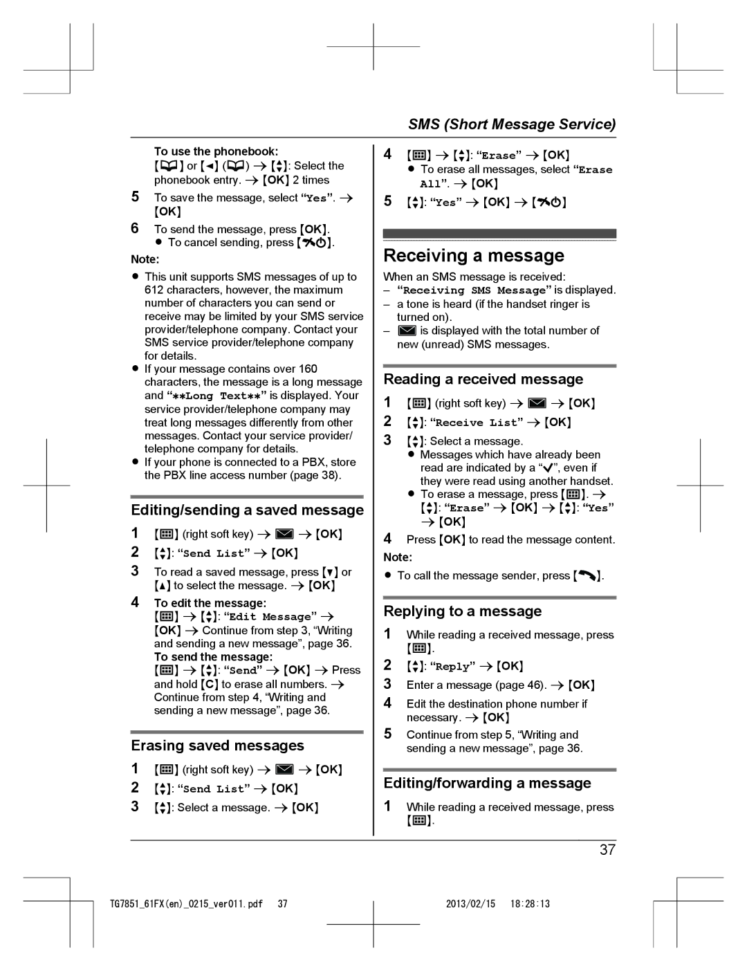 Panasonic KX-TG7852FX and KX-TG7861FX, KX-TG7851FX operating instructions Receiving a message 