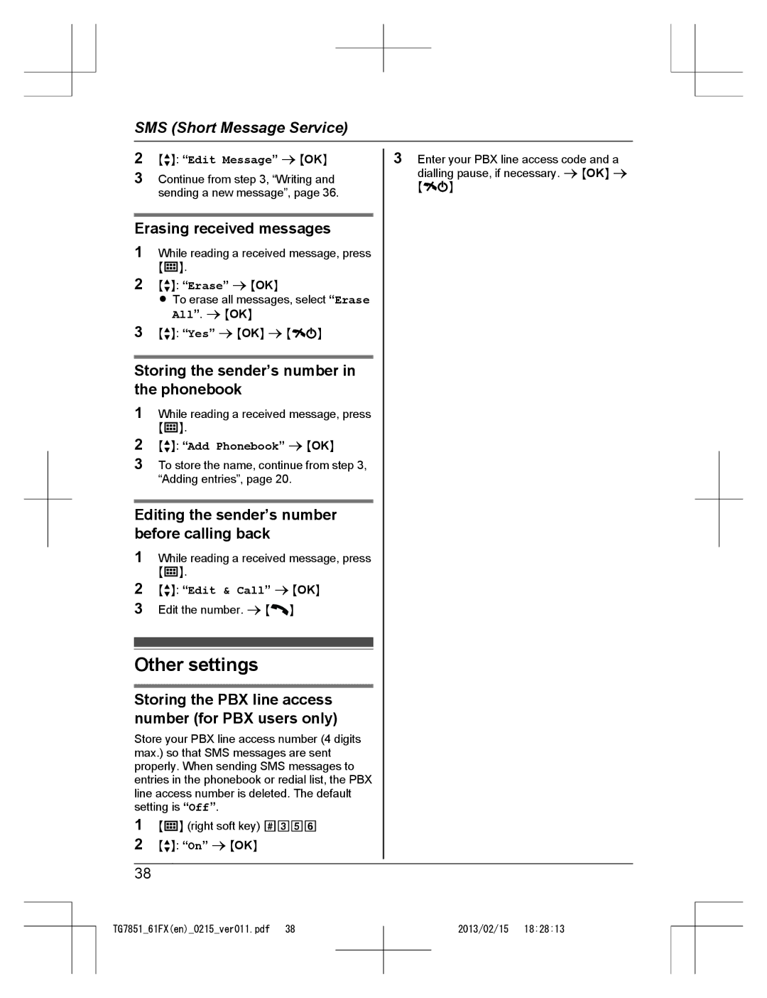 Panasonic KX-TG7851FX Other settings, Erasing received messages, Storing the sender’s number in the phonebook 