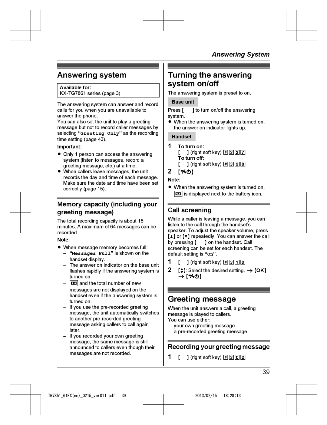 Panasonic KX-TG7852FX and KX-TG7861FX, KX-TG7851FX Answering system, Turning the answering system on/off, Greeting message 