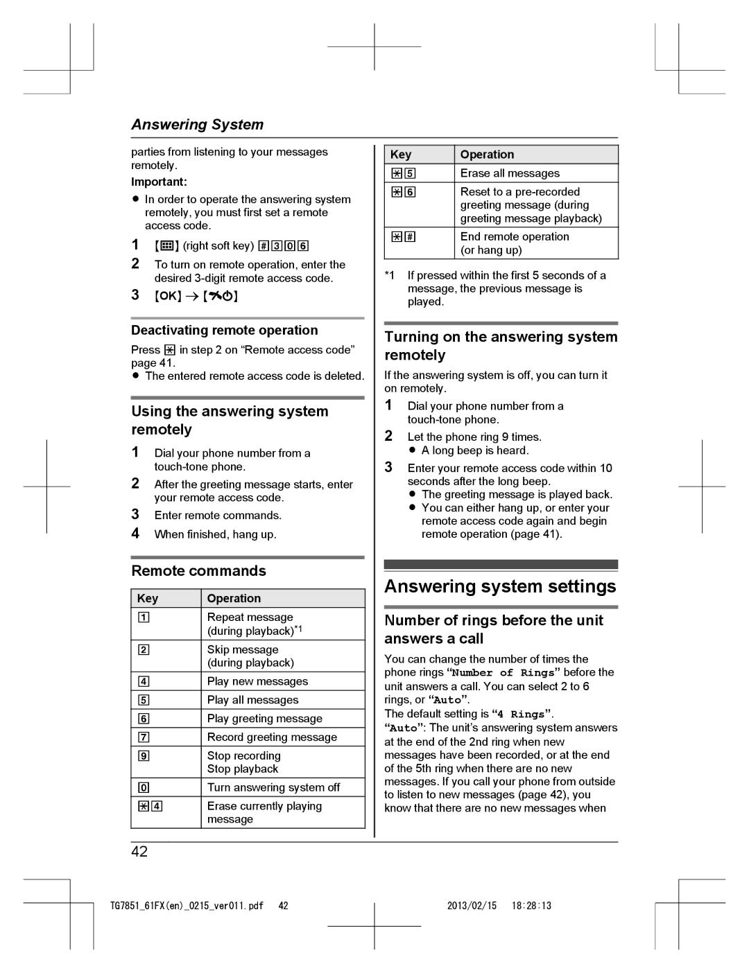 Panasonic KX-TG7851FX Answering system settings, Using the answering system remotely, Remote commands 