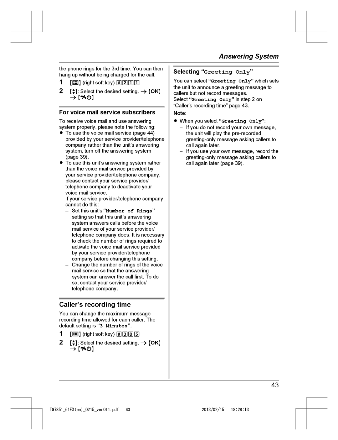 Panasonic KX-TG7852FX and KX-TG7861FX, KX-TG7851FX Caller’s recording time, For voice mail service subscribers 