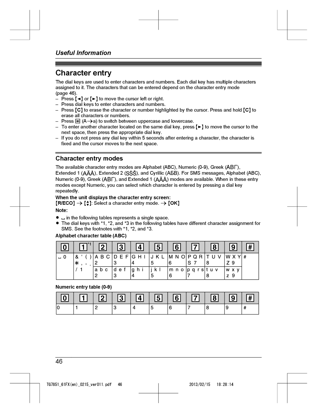 Panasonic KX-TG7851FX Character entry modes, When the unit displays the character entry screen, Numeric entry table 