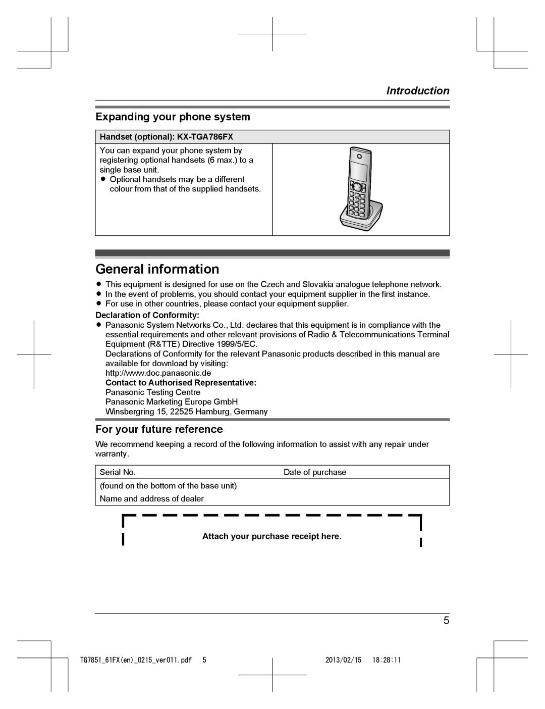 Panasonic KX-TG7852FX and KX-TG7861FX General information, Expanding your phone system, For your future reference 