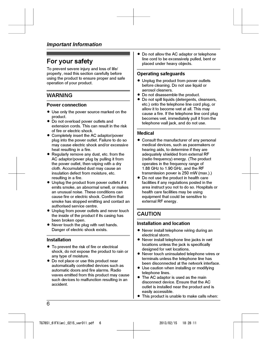 Panasonic KX-TG7851FX, KX-TG7852FX and KX-TG7861FX operating instructions For your safety 