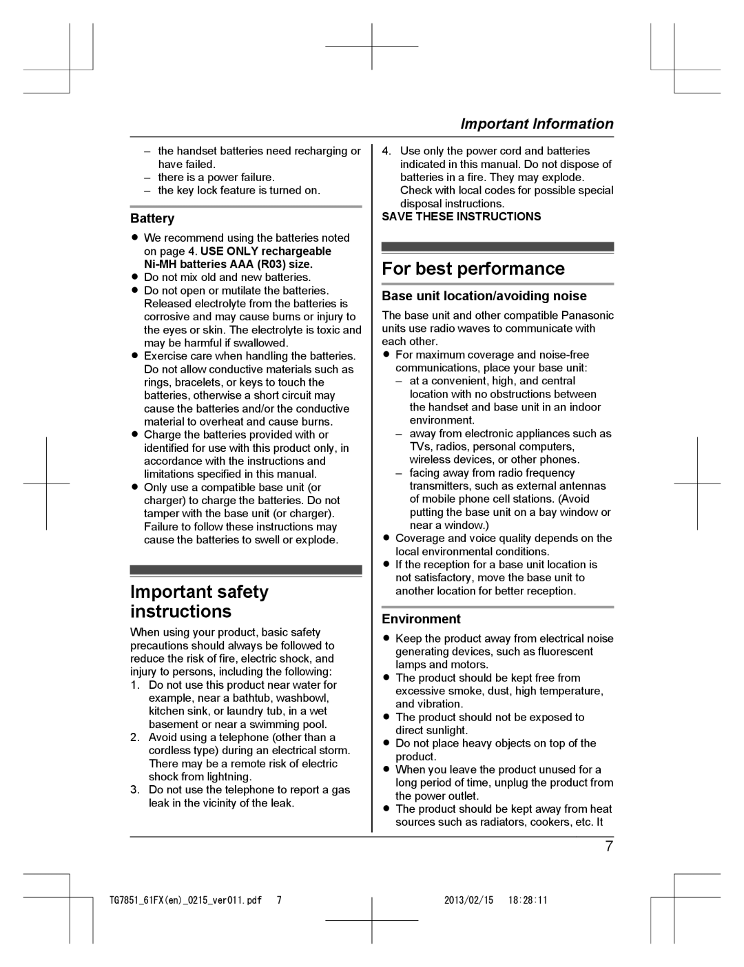 Panasonic KX-TG7852FX and KX-TG7861FX Important safety instructions, For best performance, Battery, Environment 