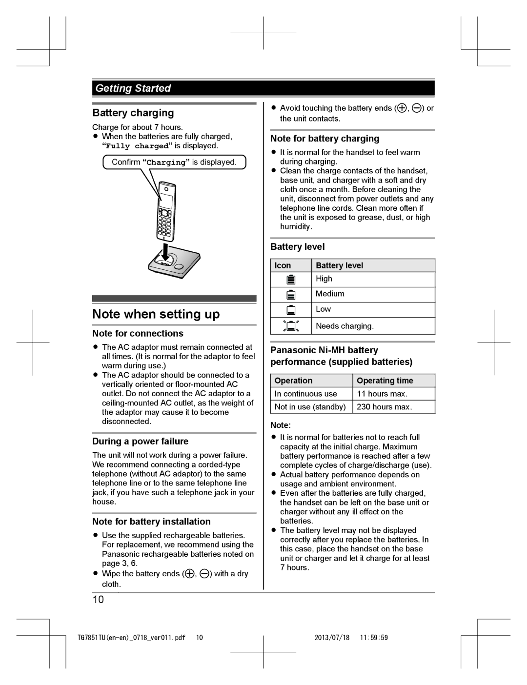 Panasonic KX-TG7851TU Battery charging, During a power failure, Icon Battery level, Operation Operating time 