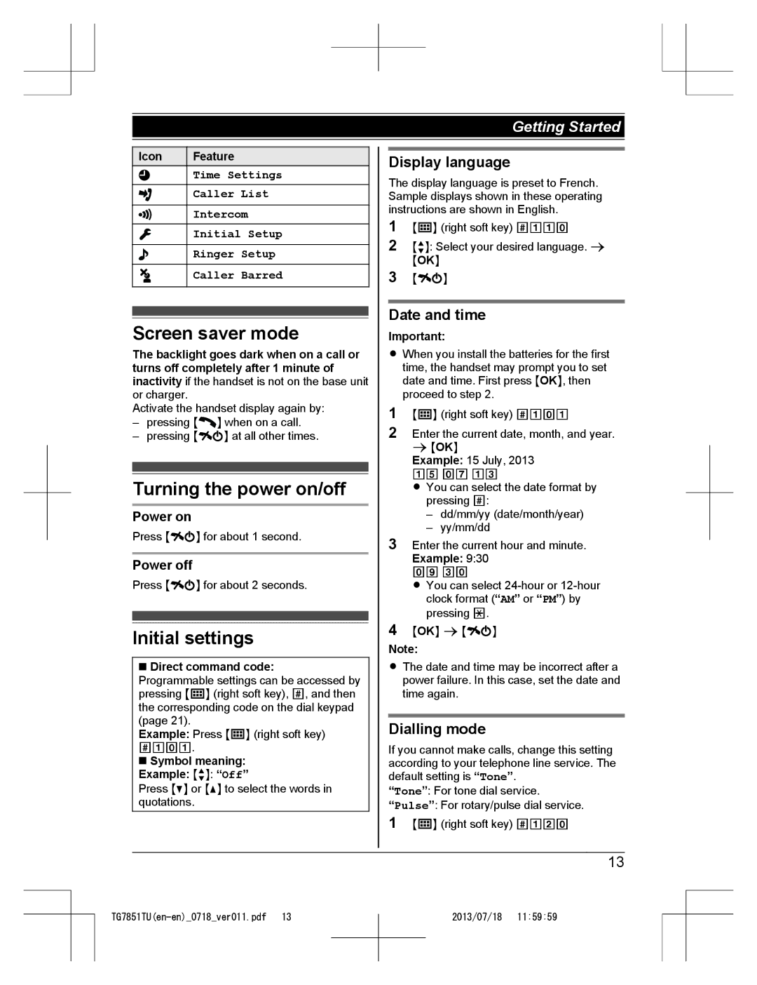 Panasonic KX-TG7851TU operating instructions Screen saver mode, Turning the power on/off, Initial settings 