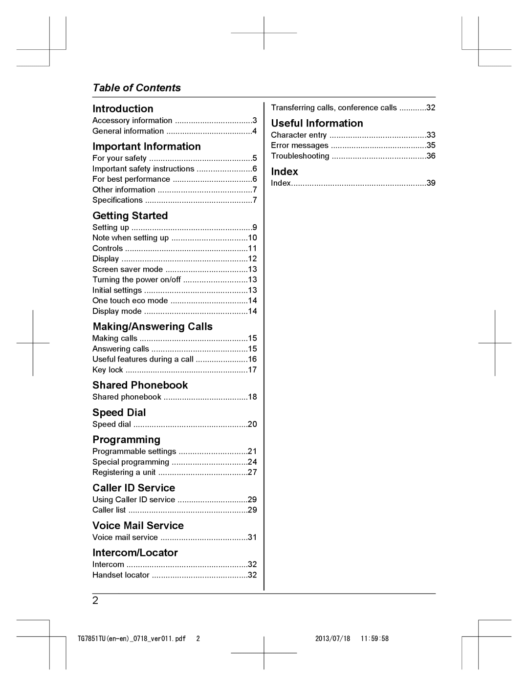 Panasonic KX-TG7851TU operating instructions Table of Contents 