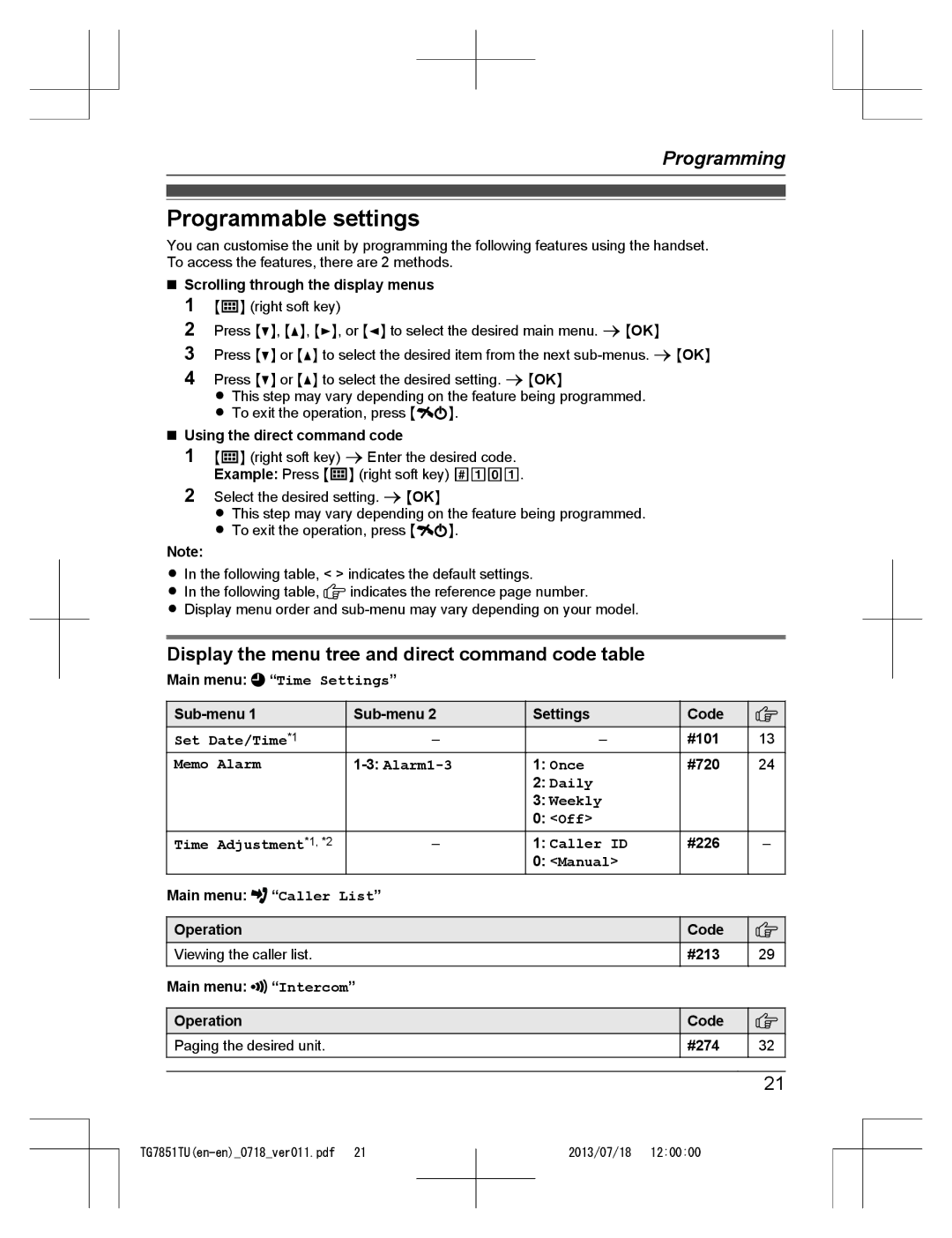 Panasonic KX-TG7851TU operating instructions Programmable settings, Display the menu tree and direct command code table 