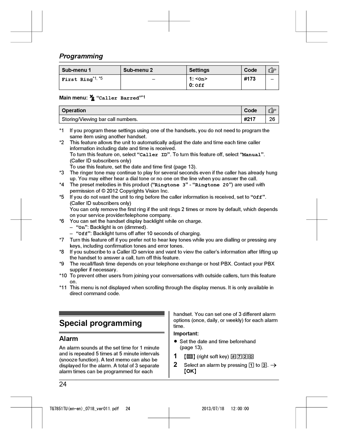 Panasonic KX-TG7851TU Special programming, Alarm, #173 Off Main menu, Operation Code Storing/Viewing bar call numbers #217 