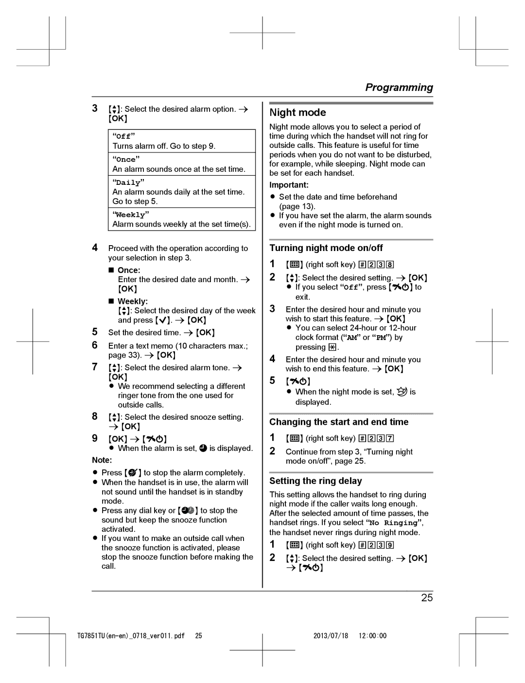 Panasonic KX-TG7851TU Night mode, Turning night mode on/off, Changing the start and end time, Setting the ring delay 