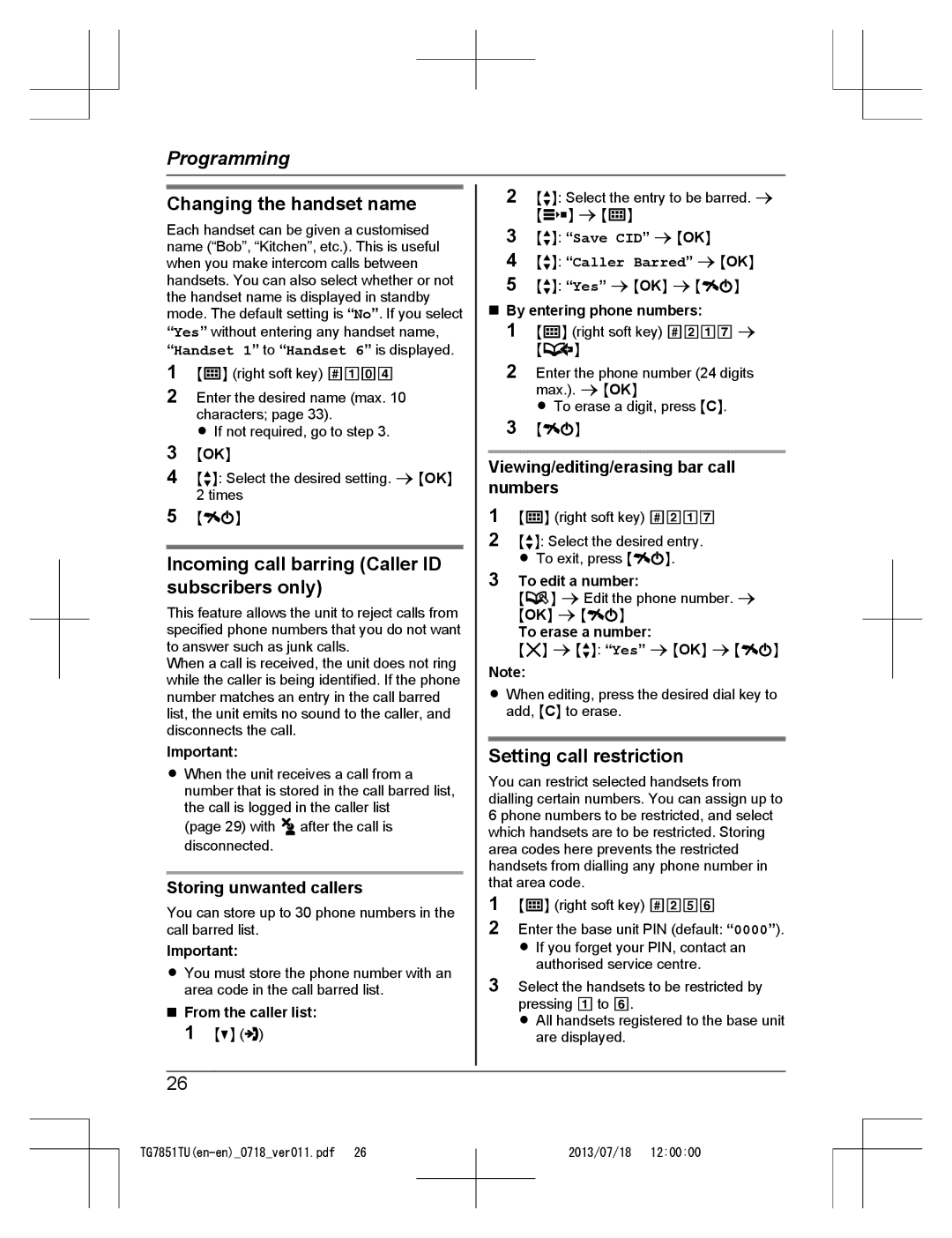 Panasonic KX-TG7851TU operating instructions Changing the handset name, Incoming call barring Caller ID subscribers only 