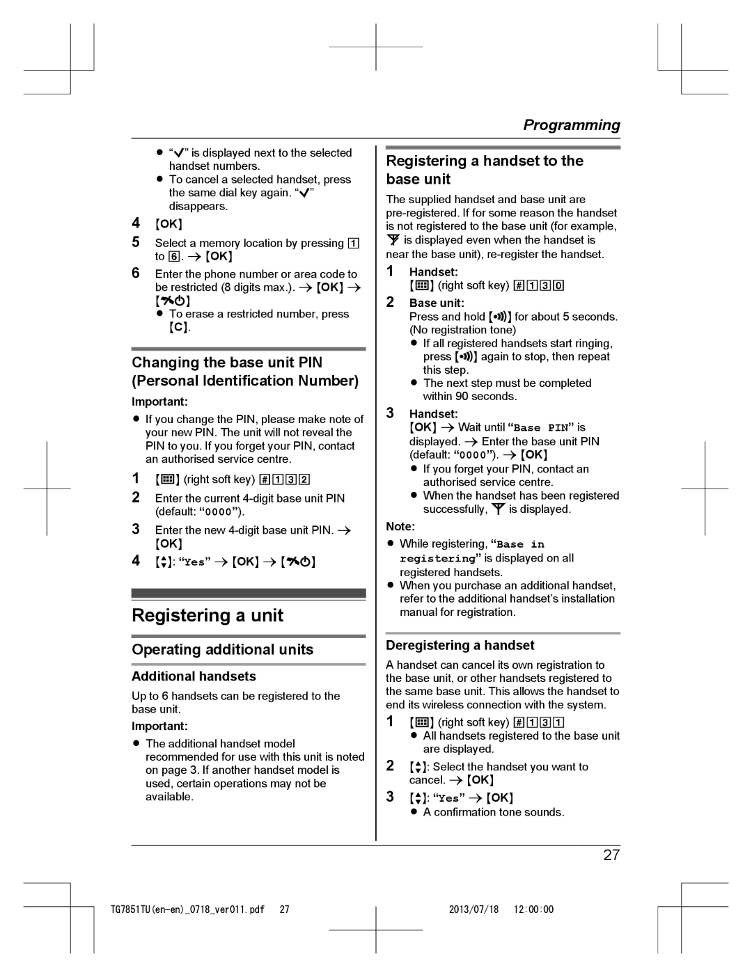 Panasonic KX-TG7851TU Registering a unit, Operating additional units, Registering a handset to the base unit 
