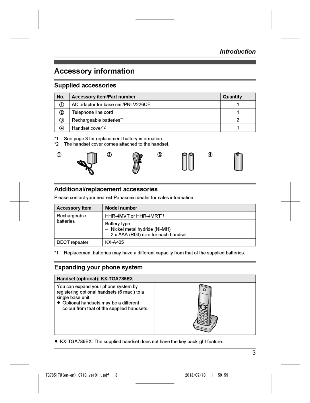 Panasonic KX-TG7851TU Accessory information, Supplied accessories, Additional/replacement accessories 