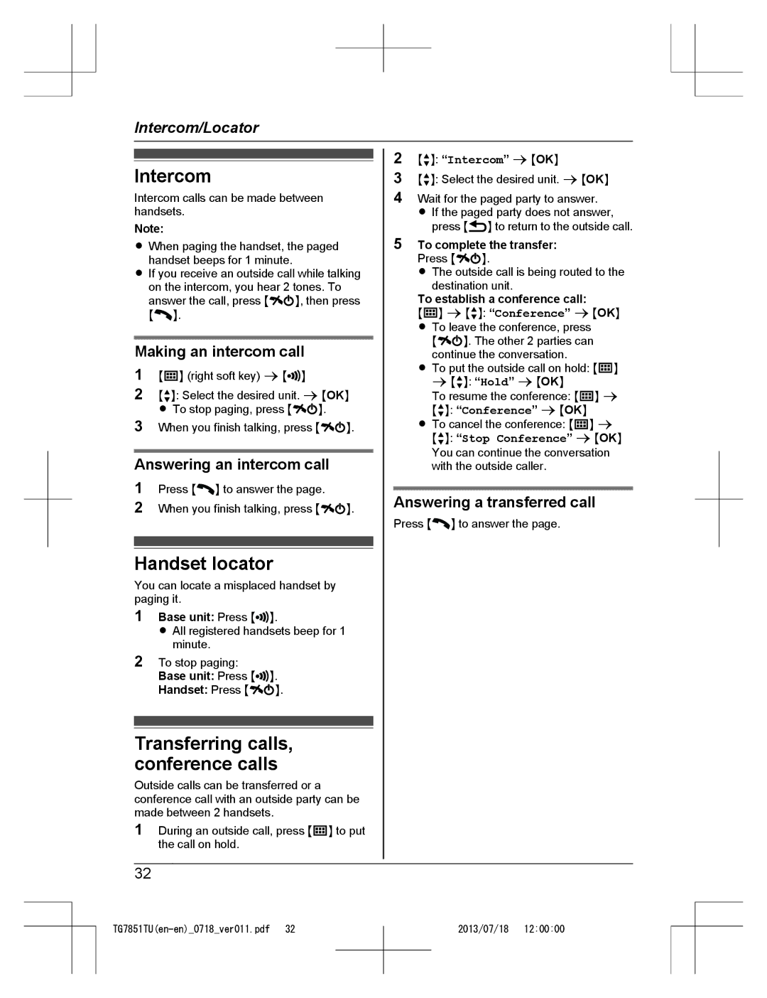 Panasonic KX-TG7851TU operating instructions Intercom, Handset locator, Transferring calls, conference calls 