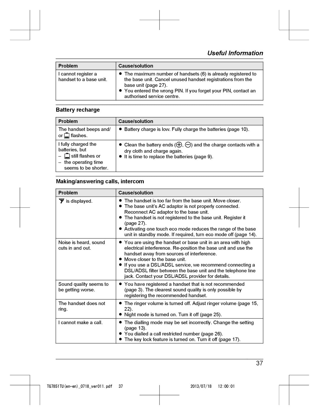 Panasonic KX-TG7851TU operating instructions Battery recharge, Making/answering calls, intercom 