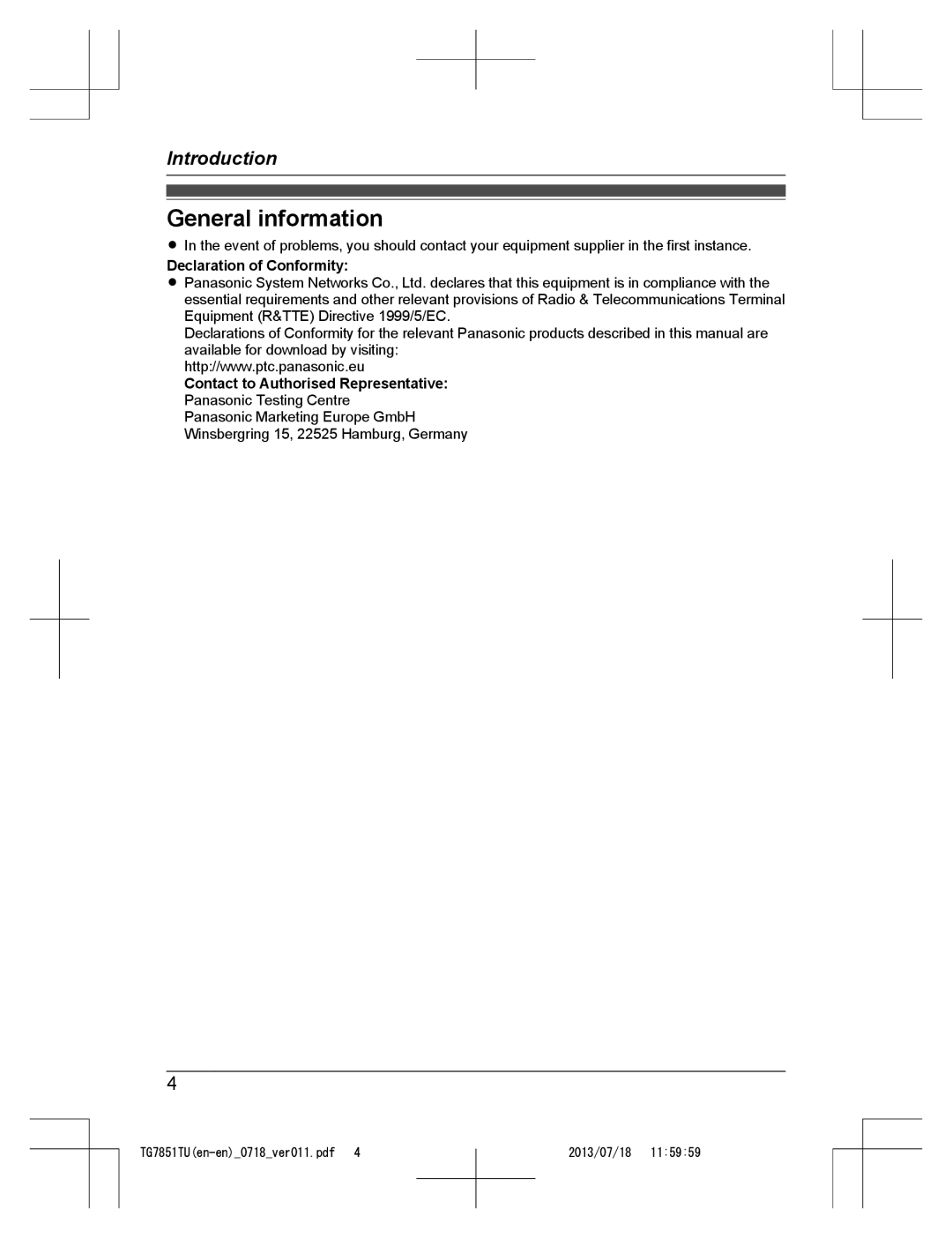 Panasonic KX-TG7851TU operating instructions General information, Declaration of Conformity 