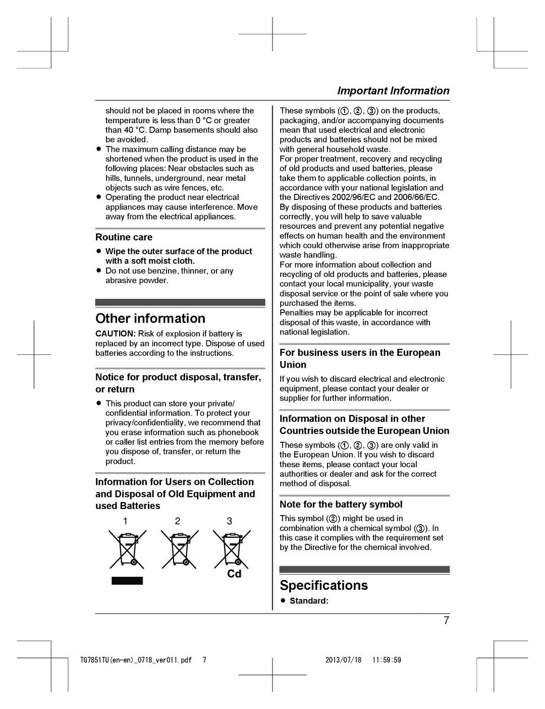 Panasonic KX-TG7851TU Other information, Specifications, Routine care, For business users in the European Union, Standard 