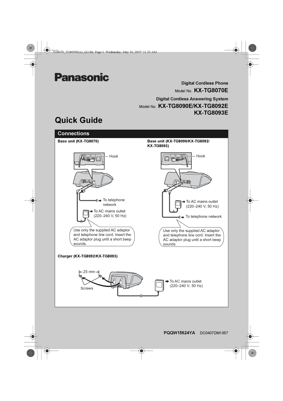 Panasonic KX-TG8070E manual Connections, Base unit KX-TG8070, Charger KX-TG8092/KX-TG8093 