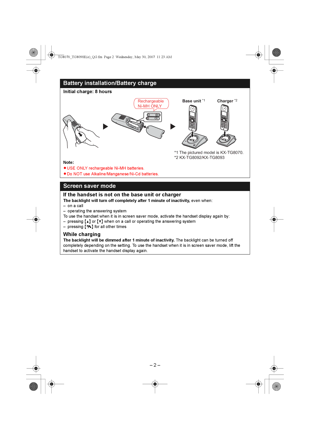 Panasonic KX-TG8070E manual Battery installation/Battery charge, Screen saver mode, While charging 